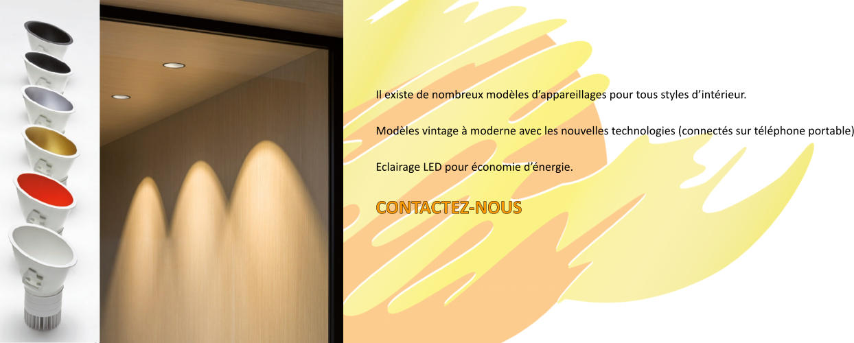 Il existe de nombreux modèles d’appareillages pour tous styles d’intérieur.  Modèles vintage à moderne avec les nouvelles technologies (connectés sur téléphone portable)  Eclairage LED pour économie d’énergie.  CONTACTEZ-NOUS